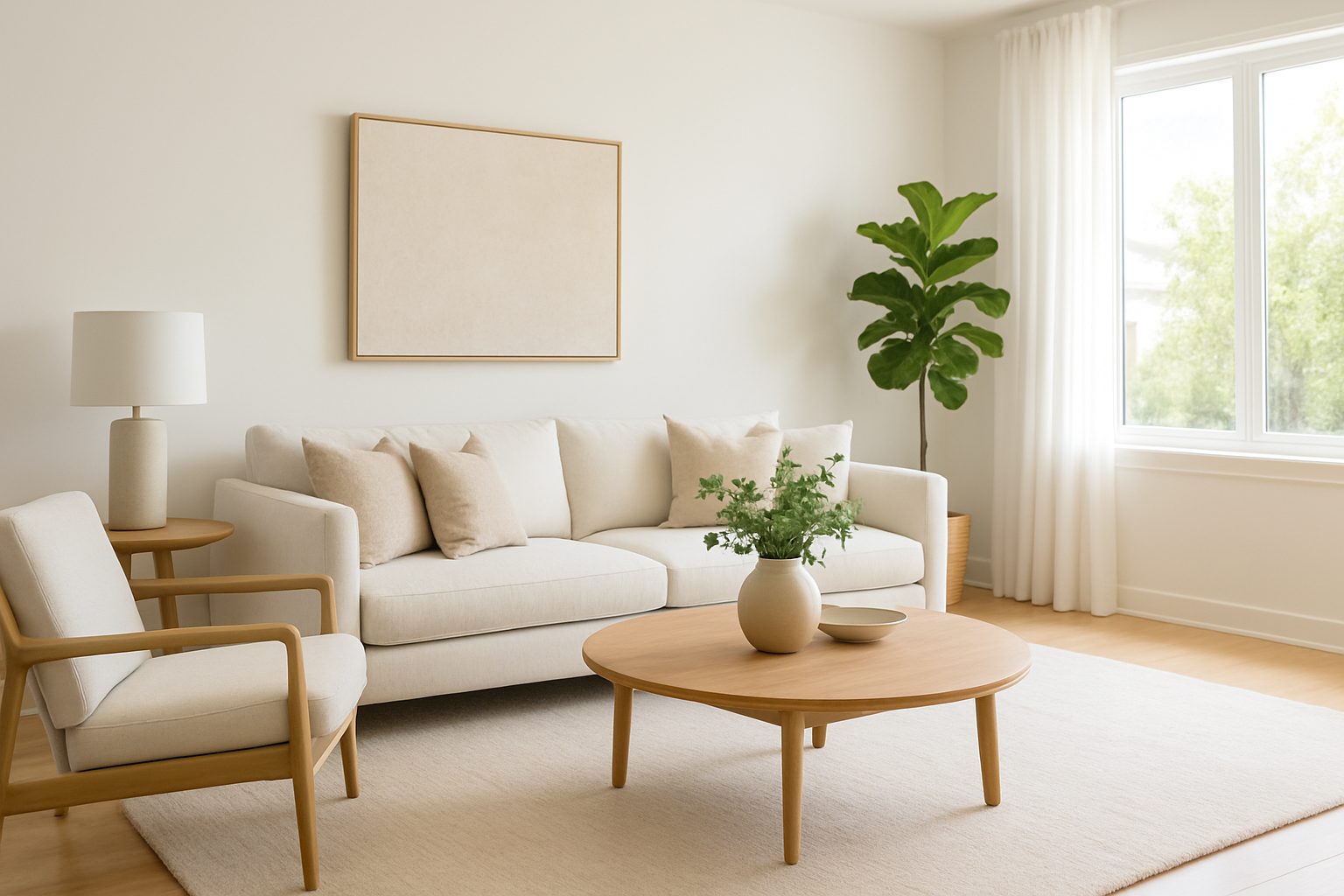 A modern, clean living room with a comfortable sofa, stylish decor, and abundant natural light.